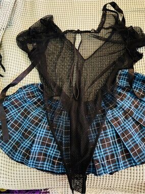 Black Fishnet Teddy with Blue Plaid Skirt , red skirt and mini ruffle skirt lot